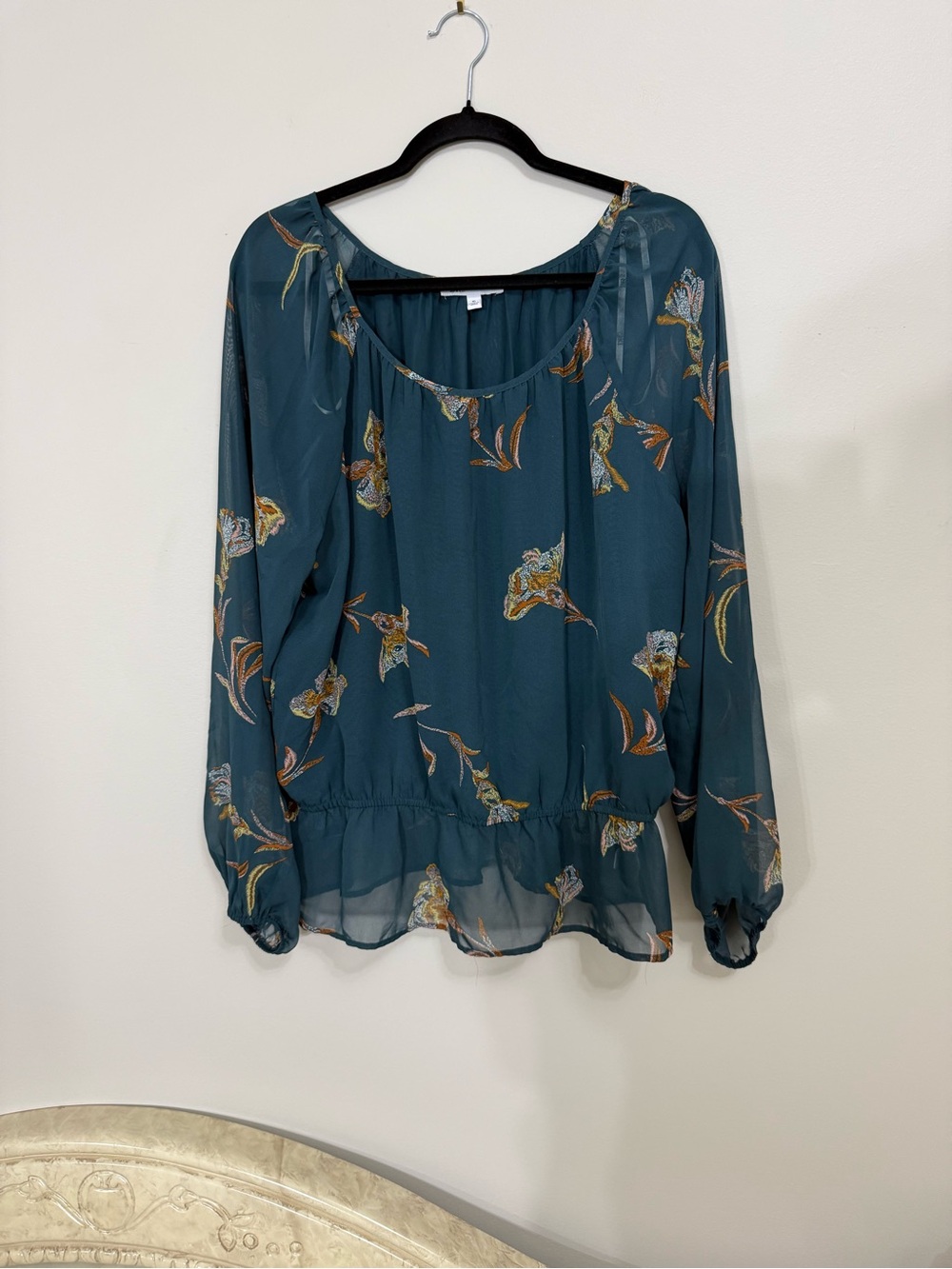 DR2 Women’s Size XL Teal Floral Scoop-Neck Peplum Blouse EUC